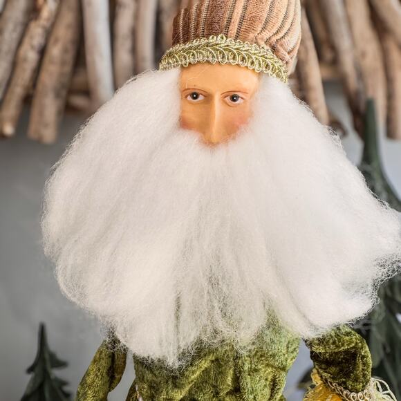 Vintage Folk Art Belsnickle Tabletop Decor-Fluffy Beard-Green Velvet Cloak-21"H - Picture 2 of 9